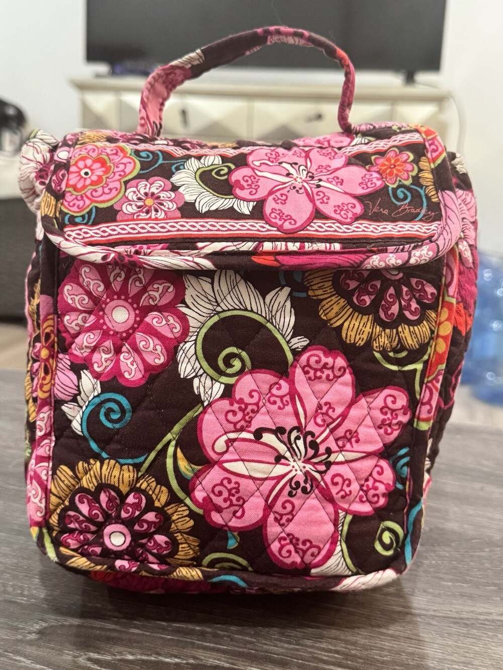 Vera Bradley Retired Mod Floral Pink Brown Quilted Cosmetic Travel Bag 8”